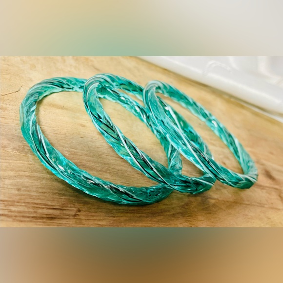 VTG Venetian Italy Murano Glass Teal/Black/Wht Twisted Rope Bangle Bracelet Rare - Picture 1 of 4